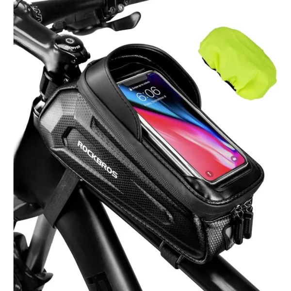 imageROCKBROS Bike Bag Phone Mount Bag Bicycle Accessories Pouch EVA Waterproof Bike Phone Holder Top Tube Front Frame Bag Handlebar Bags Compatible Phones Under 68Black13L