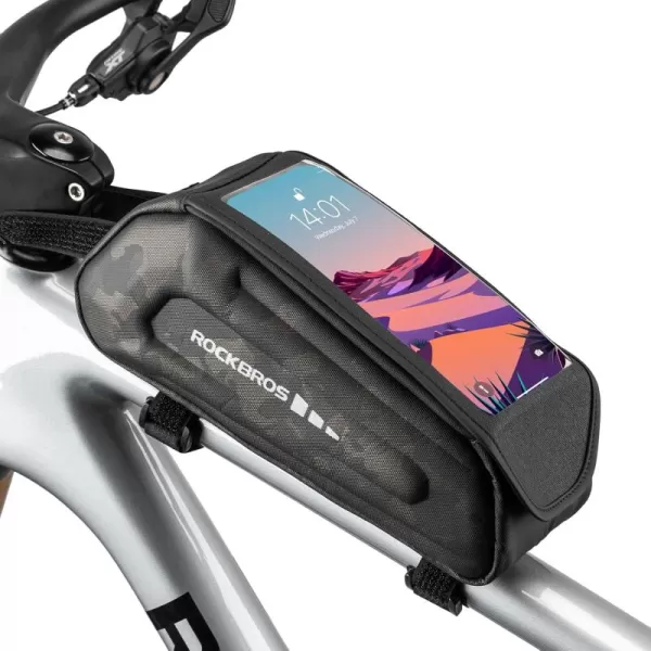 imageROCKBROS Bike Bag Phone Mount Bag Bicycle Accessories Pouch EVA Waterproof Bike Phone Holder Top Tube Front Frame Bag Handlebar Bags Compatible Phones Under 68CamoHook and Loop