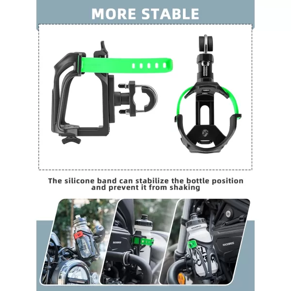 imageROCKBROS Motorcycle Cup Holder Bike Water Bottle Holder for 233quot Diameter Adjustable Bottles Size with 360Rotatable Base Bicycle Drink Cage for Handlebar Frame with Screw ToolBlack Green