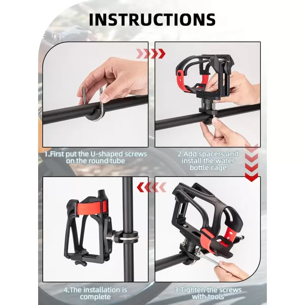imageROCKBROS Motorcycle Cup Holder Bike Water Bottle Holder for 233quot Diameter Adjustable Bottles Size with 360Rotatable Base Bicycle Drink Cage for Handlebar Frame with Screw ToolBlack Red