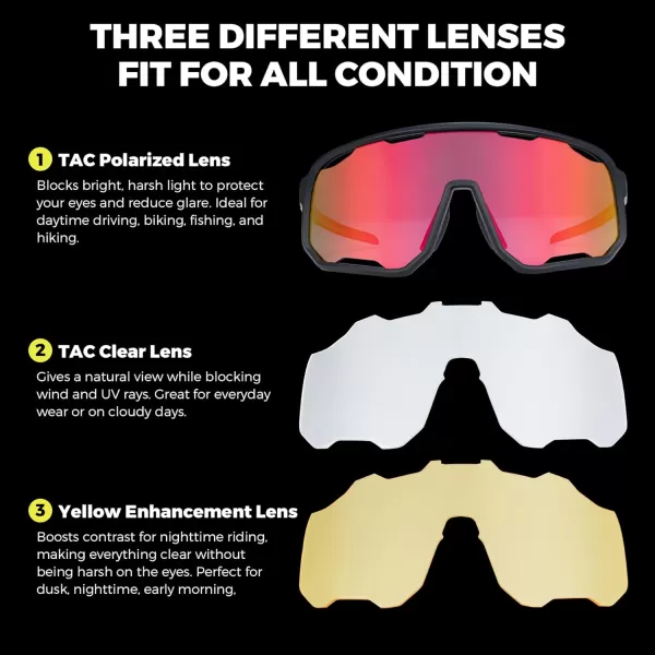 imageROCKBROS Polarized Sunglasses Cycling Glasses Sports Sunglasses UV400 Protection for Women Men 3 LensesBlackred