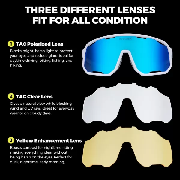 imageROCKBROS Polarized Sunglasses Cycling Glasses Sports Sunglasses UV400 Protection for Women Men 3 LensesWhiteblue
