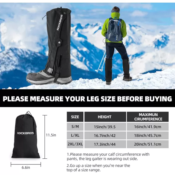 imageROCKBROS Snow Boot Leg Gaiters Waterproof Hiking Gaiters Winter Leg Gators Winter Sports Boot Leg Gaiters Snow Shoes GaiterBlack