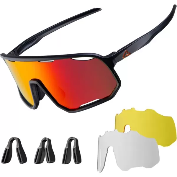 imageROCKBROS Polarized Sunglasses Cycling Glasses Sports Sunglasses UV400 Protection for Women Men 3 LensesBlackred