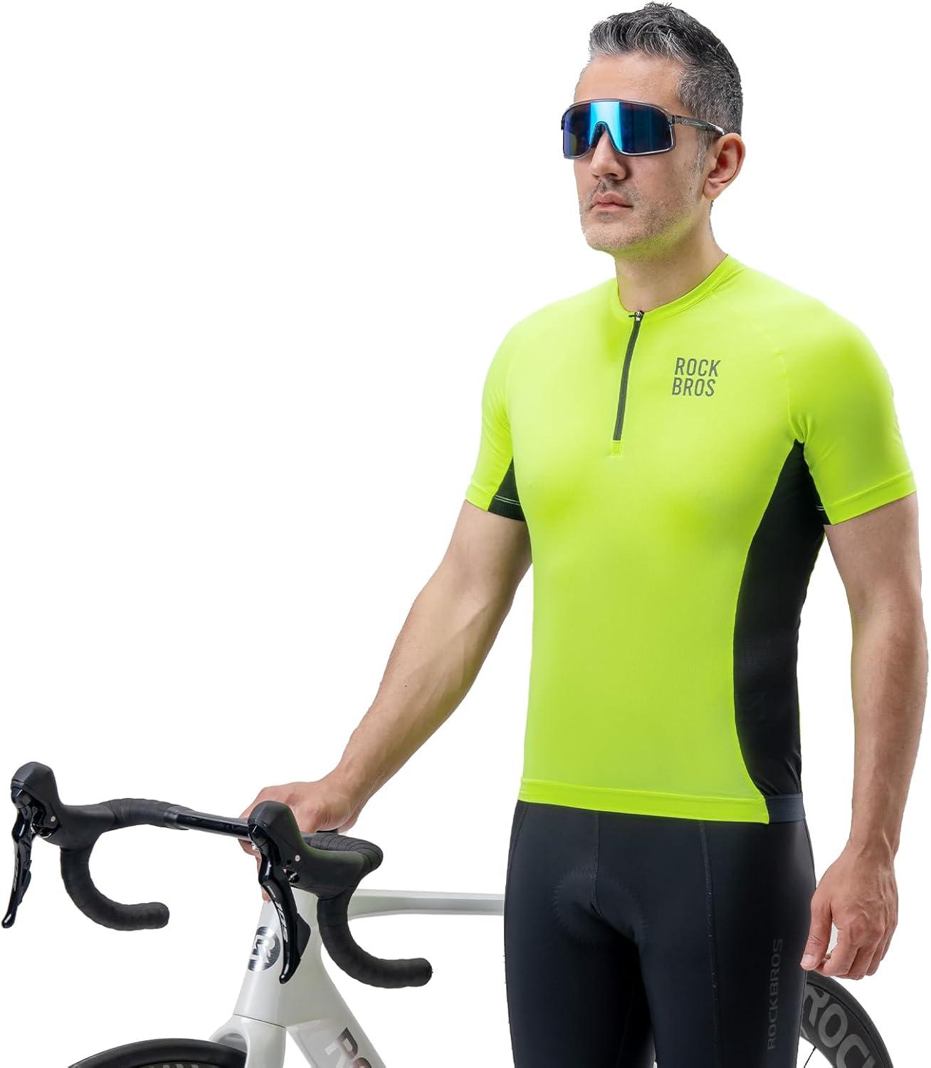 imageROCKBROS Cycling Jersey Men Short Sleeve Half Zipper with 3 Rear Pockets Bike Jersey for Men Cycling Quick Dry Bike Shirts