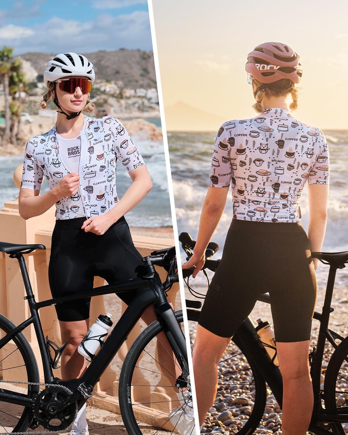 imageROCKBROS Womens Cycling Jersey Short Sleeve Breathable QuickDry Bike Shirts with 3 Pockets Full Zipper Reflective Elements
