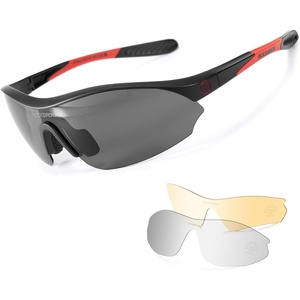image:imageROCKBROS Polarized Sports Sunglasses with 3 Interchangeable Lens Cycling Sun Glasses for Men Women Baseball Running GolfGray Polarized Lens  Black Red Frame