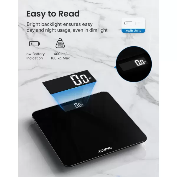 RENPHO Digital Bathroom Scale Highly Accurate Core 1S Body Weight Scale with Lighted LED Display Round Corner Design11quot280mmBlack