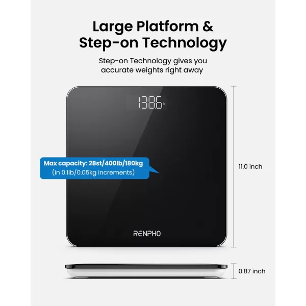 RENPHO Digital Bathroom Scale Highly Accurate Core 1S Body Weight Scale with Lighted LED Display Round Corner Design11quot280mmBlack