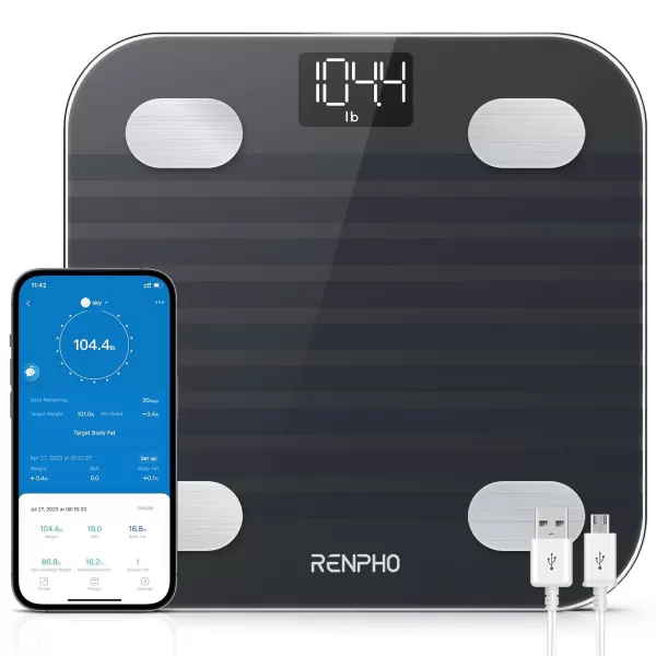 RENPHO Elis 1 USB Rechargeable Smart Body Fat BMI Scale Digital Bathroom Body Weight Scale Bluetooth Electronic 13 Body Composition Monitors sync with Renpho App 396 lbs Black102260mm