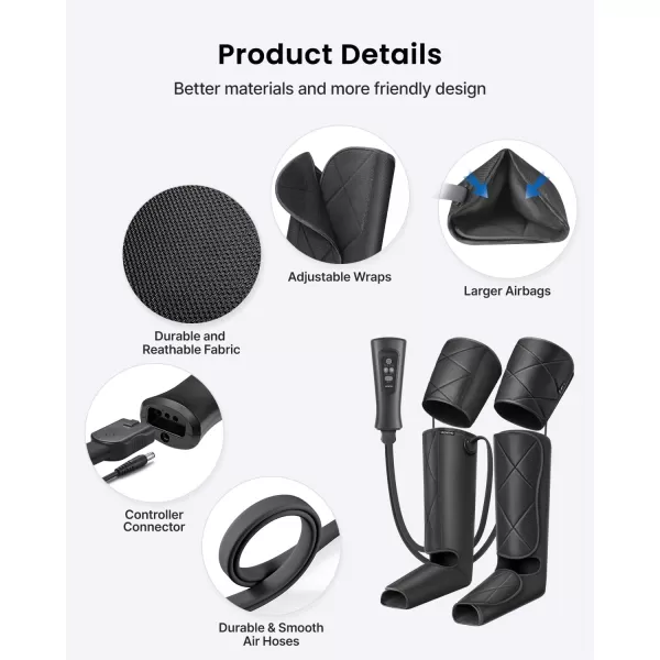 RENPHO Leg Massager FSA HSA Eligible Air Compression Massager for Circulation Pain Relief Effective for Father Mother Reduce SwellingGreyBlack
