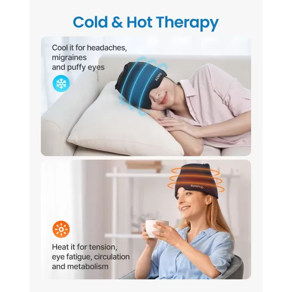 RENPHO Migraine Relief Cap FSA or HSA Eligible Headache Relief Hat Ice Head Wrap with Hot or Cold Therapy Hangover Relief Products Anxiety Relief Items Ice Face Mask Birthday Gifts for Women MenBlack
