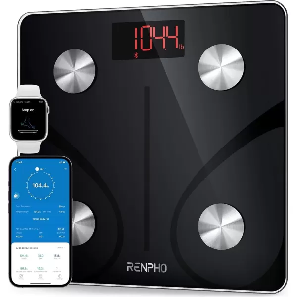RENPHO Scale for Body Weight and Fat Percentage No Battery Replacement Solar Power Digital Bathroom Smart Scale Bluetooth Body Fat Scale Body Composition Monitor with App 400lbsElisGreyBlack