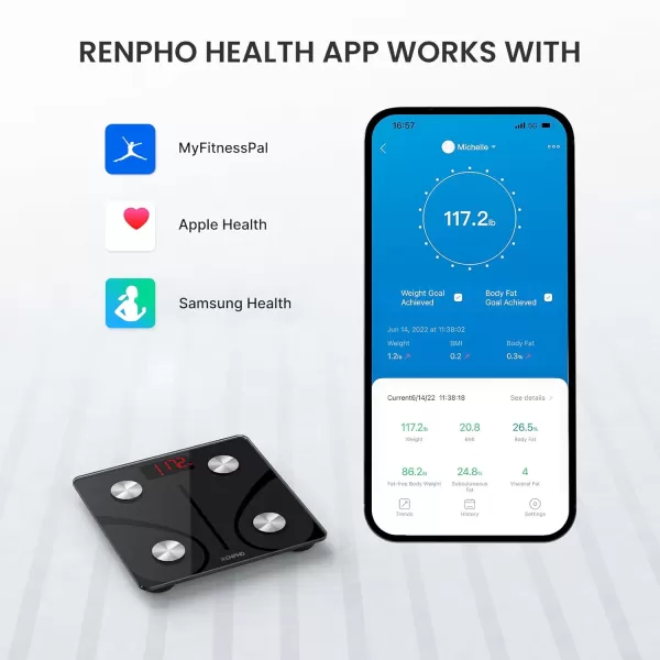 RENPHO Scale for Body Weight and Fat Percentage No Battery Replacement Solar Power Digital Bathroom Smart Scale Bluetooth Body Fat Scale Body Composition Monitor with App 400lbsElisGreyBlack