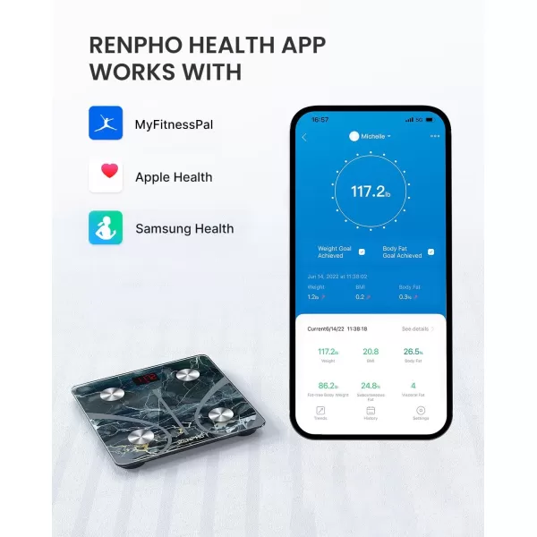RENPHO Scale for Body Weight and Fat Percentage No Battery Replacement Solar Power Digital Bathroom Smart Scale Bluetooth Body Fat Scale Body Composition Monitor with App 400lbsElisMarble