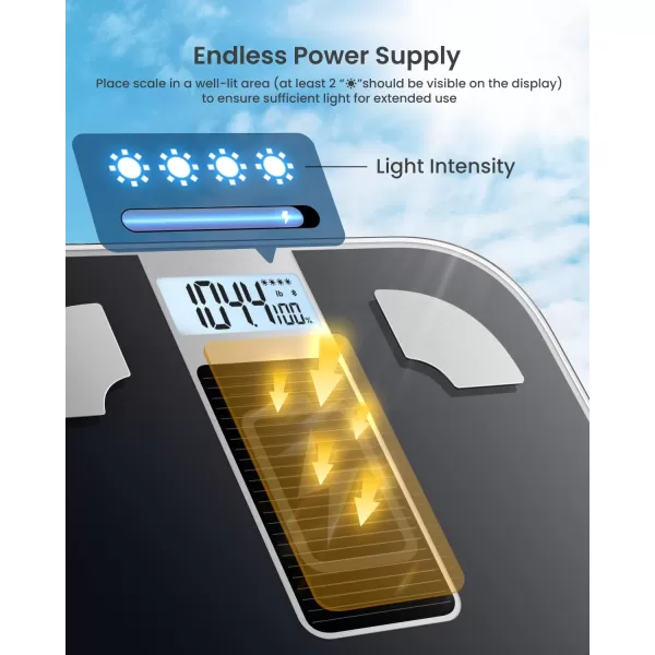 RENPHO Scale for Body Weight and Fat Percentage No Battery Replacement Solar Power Digital Bathroom Smart Scale Bluetooth Body Fat Scale Body Composition Monitor with App 400lbsElisSolar PowerBlack