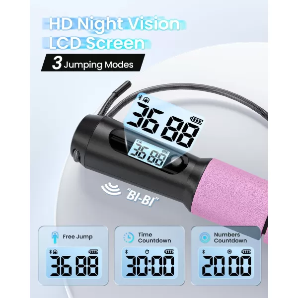 RENPHO Smart Jump Rope Fitness Skipping Rope with APP Data Analysis Workout Jump Ropes for Home Gym Crossfit Jumping Rope Counter for Exercise for Men WomenBPink Steel wire rope 1 pc