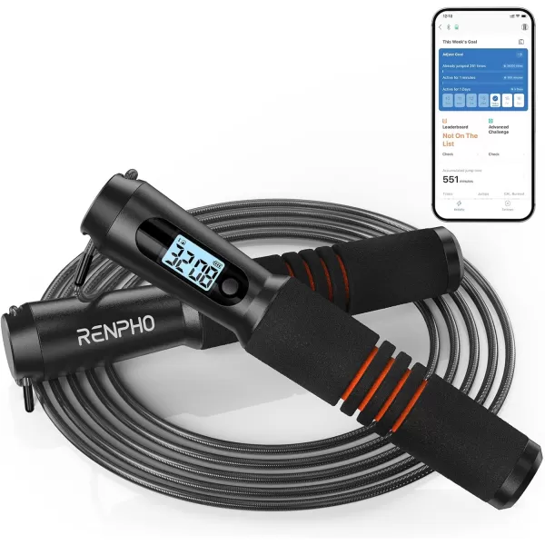 RENPHO Smart Jump Rope Fitness Skipping Rope with APP Data Analysis Workout Jump Ropes for Home Gym Crossfit Jumping Rope Counter for Exercise for Men WomenCBlack Steel wire rope 1 pc