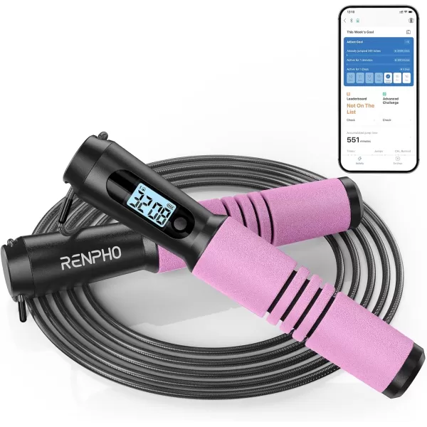 RENPHO Smart Jump Rope Fitness Skipping Rope with APP Data Analysis Workout Jump Ropes for Home Gym Crossfit Jumping Rope Counter for Exercise for Men WomenBPink Steel wire rope 1 pc
