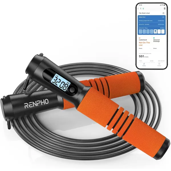 RENPHO Smart Jump Rope Fitness Skipping Rope with APP Data Analysis Workout Jump Ropes for Home Gym Crossfit Jumping Rope Counter for Exercise for Men WomenDOrange Steel wire rope 1 pc