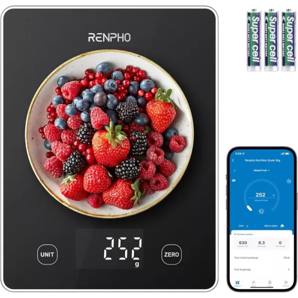 RENPHO Food Scale Kitchen Scale for Grams and Ounces Smart Gram Scale with Nutritional Calculator Digital Food Weight Scale with App for Macro Keto Weight Loss White 11lb5kgBlack
