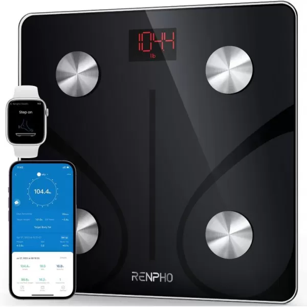 RENPHO Scale for Body Weight and Fat Percentage No Battery Replacement Solar Power Digital Bathroom Smart Scale Bluetooth Body Fat Scale Body Composition Monitor with App 400lbsElisBlack