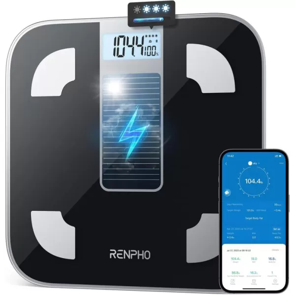 RENPHO Scale for Body Weight and Fat Percentage No Battery Replacement Solar Power Digital Bathroom Smart Scale Bluetooth Body Fat Scale Body Composition Monitor with App 400lbsElisSolar PowerBlack