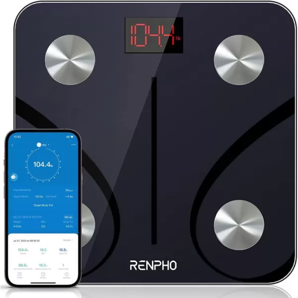RENPHO Scale for Body Weight and Fat Percentage No Battery Replacement Solar Power Digital Bathroom Smart Scale Bluetooth Body Fat Scale Body Composition Monitor with App 400lbsElisGreyBlack