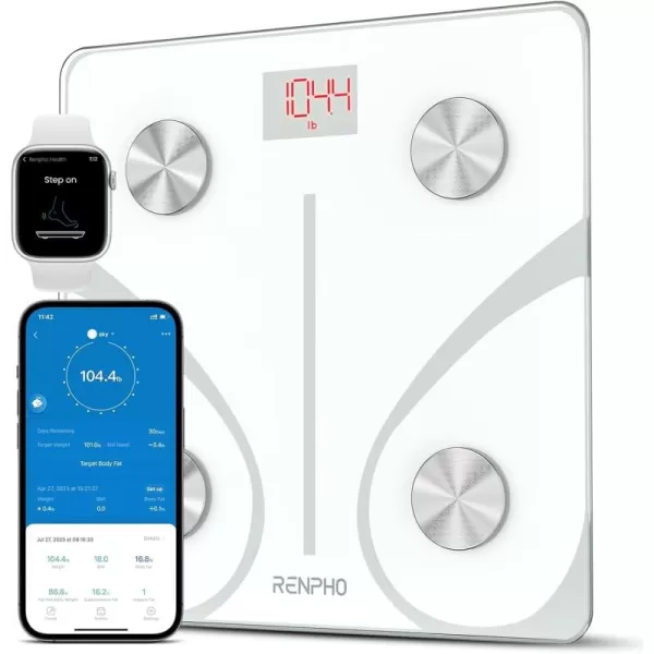 RENPHO Scale for Body Weight and Fat Percentage No Battery Replacement Solar Power Digital Bathroom Smart Scale Bluetooth Body Fat Scale Body Composition Monitor with App 400lbsElisWhite
