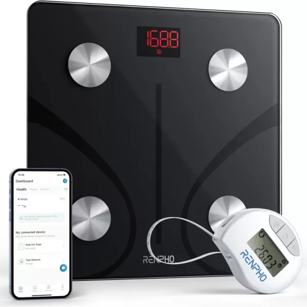 RENPHO Scale for Body Weight and Fat Percentage No Battery Replacement Solar Power Digital Bathroom Smart Scale Bluetooth Body Fat Scale Body Composition Monitor with App 400lbsElisScale and Tape Measure