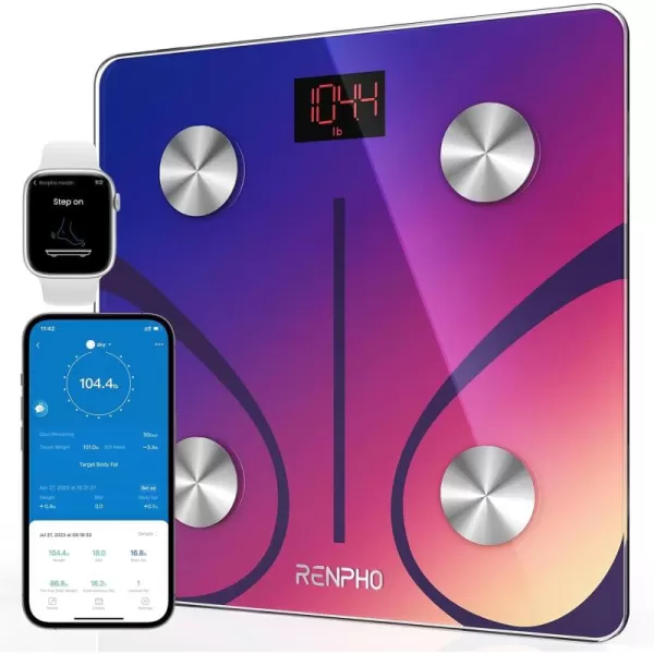 RENPHO Scale for Body Weight and Fat Percentage No Battery Replacement Solar Power Digital Bathroom Smart Scale Bluetooth Body Fat Scale Body Composition Monitor with App 400lbsElisRed Gradient