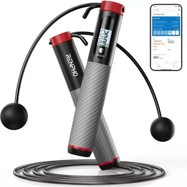 RENPHO Smart Cordless Jump Rope  APP Data Storage ampamp Tracking ampamp Analysis Weighted Jump Rope for Women Jump Ropes for Fitness with Counter Smart Ropeless Jump Rope for Women MenBGrey cordless ball 1 pack  Steel wire rope 1 pc