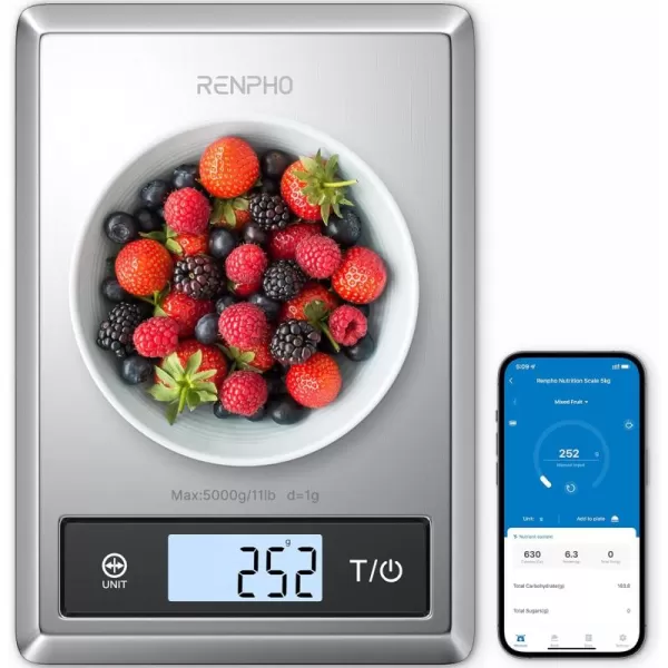 RENPHO Smart Food Scale Digital Kitchen Scale for Food Ounces and Grams Coffee Weight Scale with Nutritional Calculator APP for Keto Macro Calorie Weight Loss Precise Graduation Stainless Steel