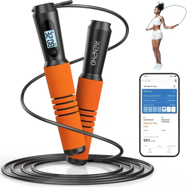 RENPHO Smart Jump Rope Fitness Skipping Rope with APP Data Analysis Workout Jump Ropes for Home Gym Crossfit Jumping Rope Counter for Exercise for Men WomenDOrange Steel wire rope 1 pc