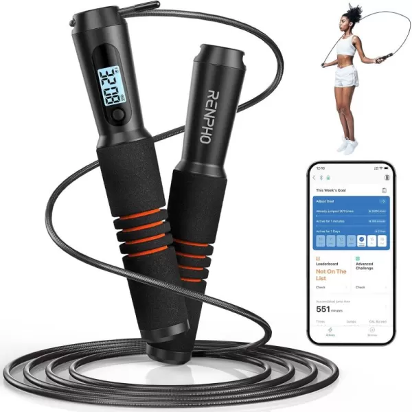 RENPHO Smart Jump Rope Fitness Skipping Rope with APP Data Analysis Workout Jump Ropes for Home Gym Crossfit Jumping Rope Counter for Exercise for Men WomenCBlack Steel wire rope 1 pc