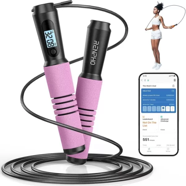 RENPHO Smart Jump Rope Fitness Skipping Rope with APP Data Analysis Workout Jump Ropes for Home Gym Crossfit Jumping Rope Counter for Exercise for Men WomenBPink Steel wire rope 1 pc