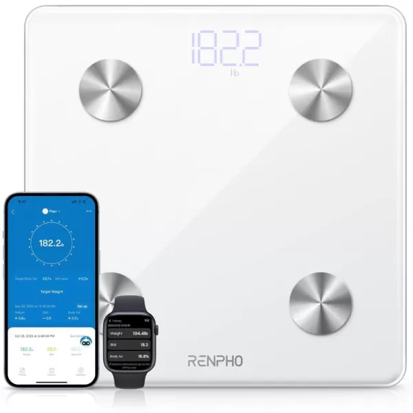 RENPHO Smart Scale Digital Bathroom Scale for Weight Scale with BMI Body Fat Muscle Mass Body Composition Analysis Highly Accurate Bluetooth Scale with APP 400lbs WhiteElis 111280mm