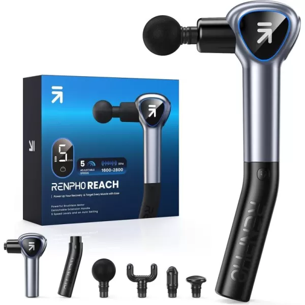 Renpho Massage Gun Deep Tissue Back Massager for Pain Relief with Long Extension Handle Percussion Handheld Mini Muscle Massagers Cordless for Athletes NeckFSA HSA Eligible ReachAmber Gray