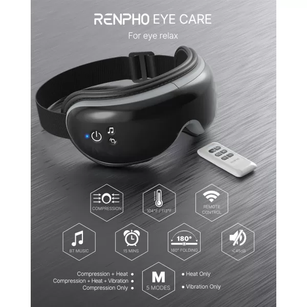 FSA HSA Eye Massager RENPHO Eyeris 1 Eye Massager for Migraines Relief Birthday Christmas Gifts Eye Massage Mask with Remote Heat Compression for Eye Strain Relief Reduce Stye Eye Improve SleepBblack