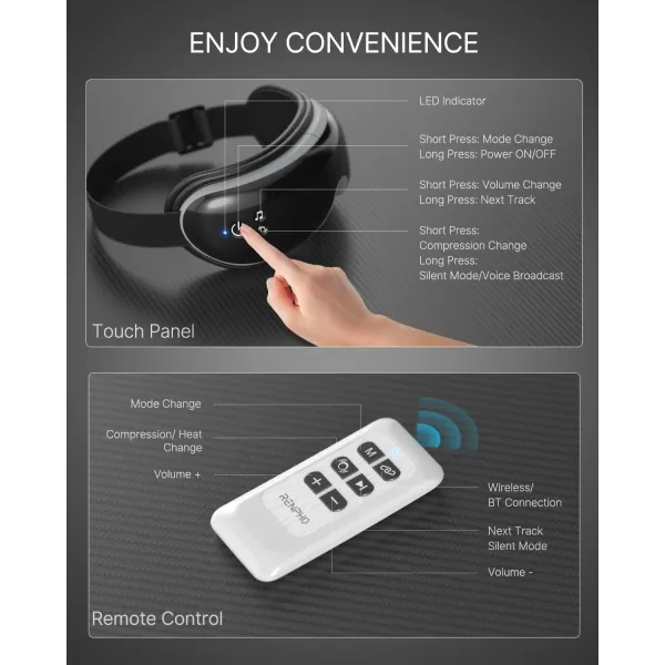FSA HSA Eye Massager RENPHO Eyeris 1 Eye Massager for Migraines Relief Birthday Christmas Gifts Eye Massage Mask with Remote Heat Compression for Eye Strain Relief Reduce Stye Eye Improve SleepBblack