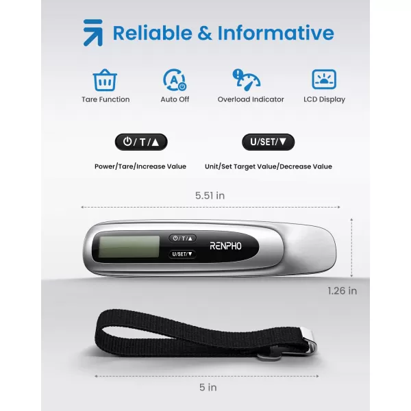RENPHO Luggage Scale Digital Suitcase Scale for Travel Essentials 110lb50kg Portable Hanging Weigher with Tare Function Overweight Reminder Backlit LCD Display Battery Included