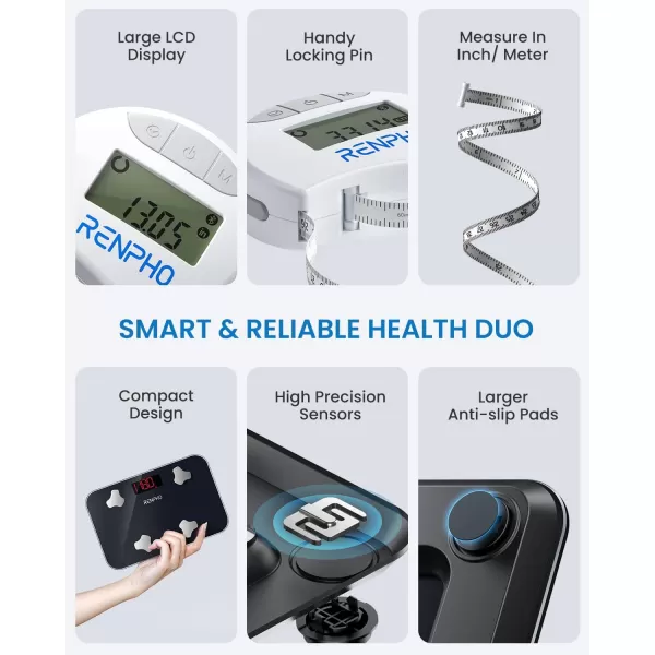 RENPHO Portable Scale Smart Tape Measure Travel Scale for Body Weight with Body Tape Measure 13 Body Composition Analyzer ampamp Retractable Measuring Tape Sync with App 400 lbs Inches ampamp cmscale  body tape