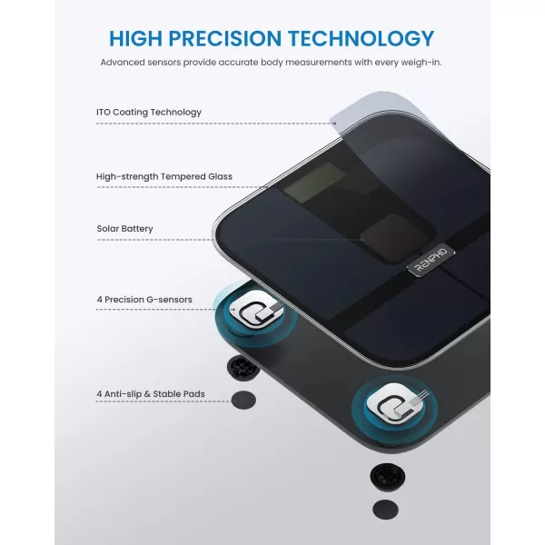 RENPHO Smart Scale for Body Weight Solar Power Digital Bathroom Scale Bluetooth Weight Scale with App Body Composition Monitor 400 lbs  Elis Solar No Battery Required Black