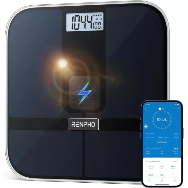 RENPHO Smart Scale for Body Weight Solar Power Digital Bathroom Scale Bluetooth Weight Scale with App Body Composition Monitor 400 lbs  Elis Solar No Battery Required Black