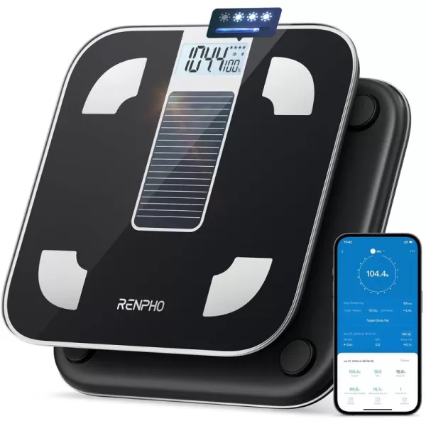 RENPHO Solar Power Smart Scale for Body Weight Digital Bathroom Scale BMI Weighing Bluetooth Body Fat Scale Body Composition Monitor with Smartphone App 400 lbs