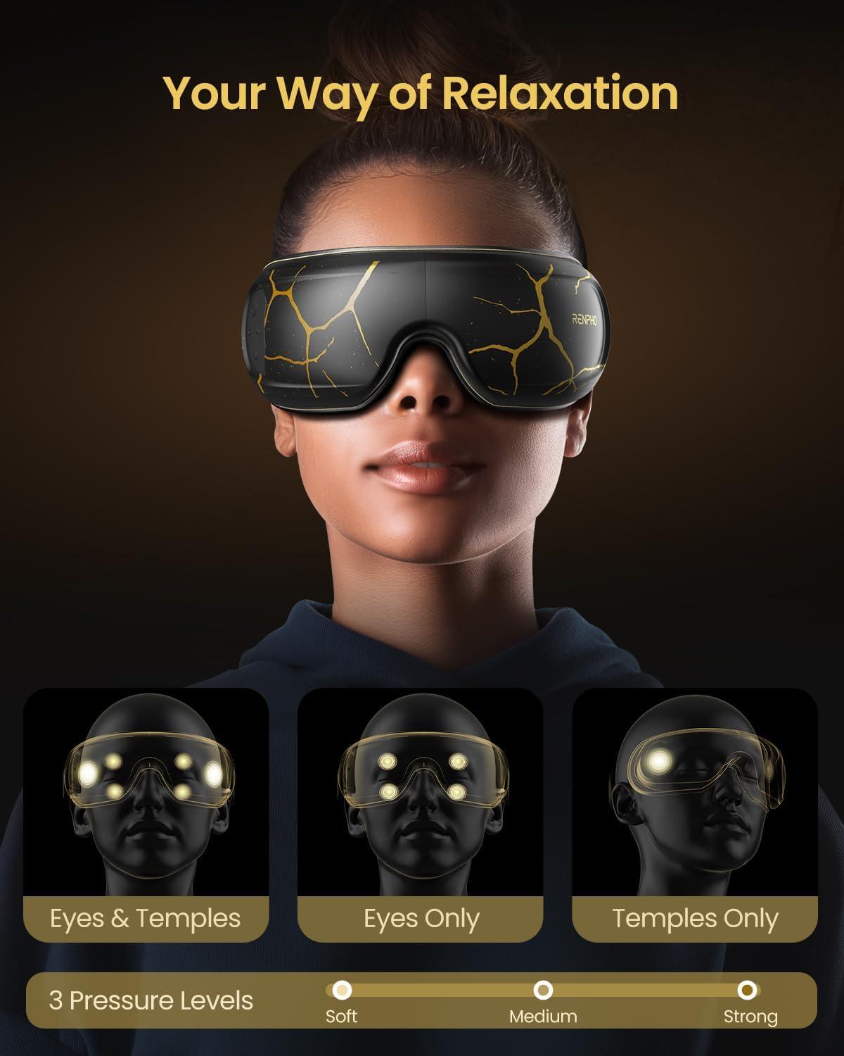 imageRENPHO Eye Massager with Heat and Cooling Mothers DayBirthday Gifts for WomenMen Eyeris Kintsugi FSAHSA Eligible Voice Control Eye Mask Massager for Migraines Eye Care Device for RelaxationABlackGold