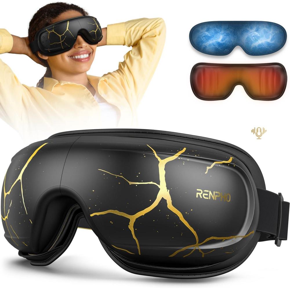 imageRENPHO Eye Massager with Heat and Cooling Mothers DayBirthday Gifts for WomenMen Eyeris Kintsugi FSAHSA Eligible Voice Control Eye Mask Massager for Migraines Eye Care Device for RelaxationABlackGold
