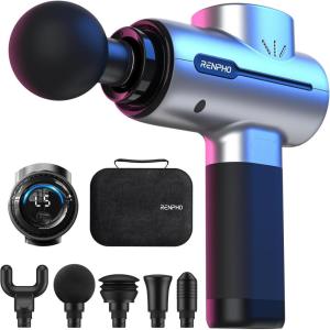 imageRENPHO Massage Gun Deep Tissue FSA HSA Eligible Portable Percussion Muscle Massager with Bluetooth Handheld Device for Back and Neck Carry Case Gifts for Men and WomenActive Silver