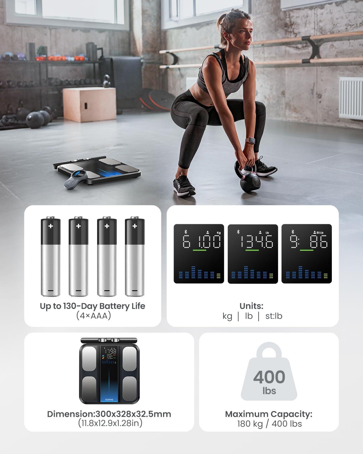 imageRENPHO Scale for Body Weight and Fat Percentage Smart Scale with 8 Electrodes Larger Platform Body Analyzer for BMI Body Fat Muscle Mass High Precision 400lbs