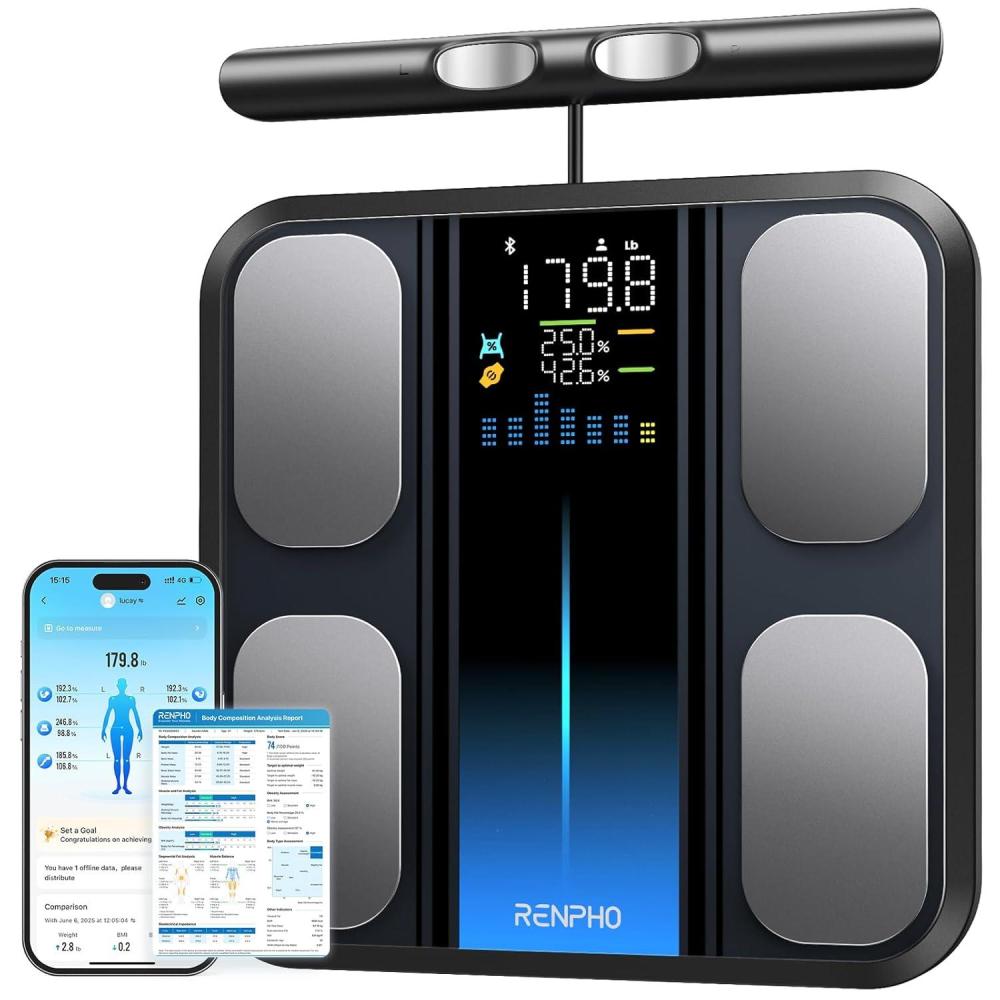 imageRENPHO Scale for Body Weight and Fat Percentage Smart Scale with 8 Electrodes Larger Platform Body Analyzer for BMI Body Fat Muscle Mass High Precision 400lbsBlacknew